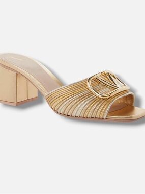Valentino Gold Metallic Buckle Block Heel Mules